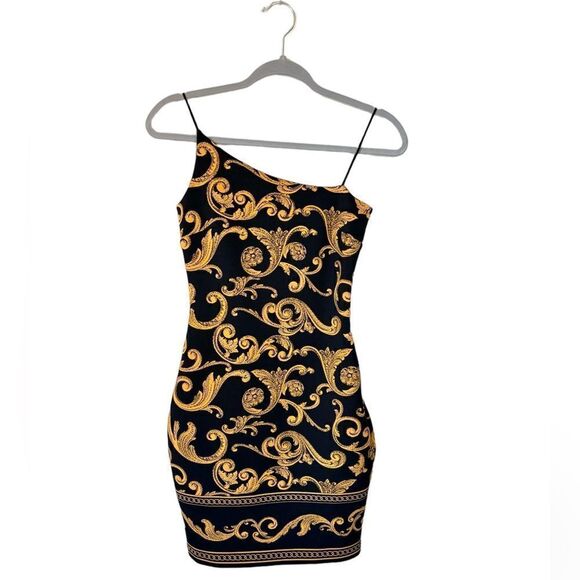 Guess Jenny Mini Black Gold Dress Gilded Printed Bodycon  Size XS - Picture 6 of 10